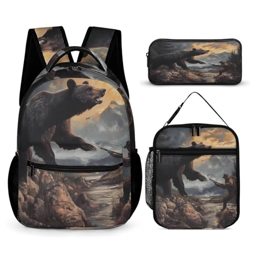 Bear Hunting Cute Backpacks Set Lightweight Lunch Bag Aesthetic Pencil Cases for Travel Work