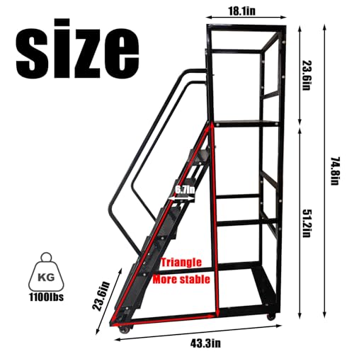 Image of Rolling Ladder with Wheels, Mobile Rolling Stairs with Handrail for Industrial Warehouse, Rolling Steps Ladder with Fence, for High Shelf Aisles, Warehouses, Supermarkets, Libraries (Red, 6 Steps)