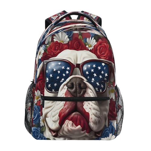 Rose Flower Bulldog British Flag Backpack for School Boys Girls Adults Kids Bookbag Laptop Bag 18L
