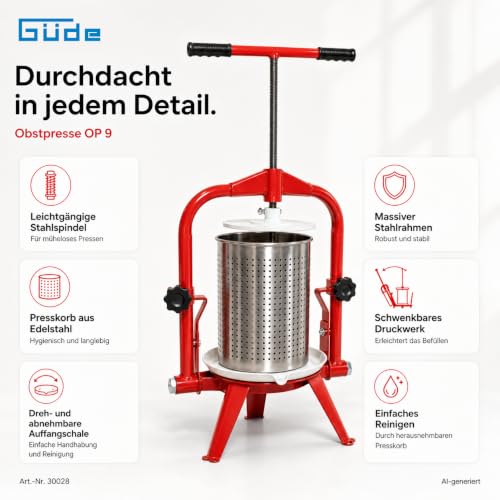 Foto von Güde Obstpresse OP 9 (9 Liter Presskorb aus gelochtem Edelstahl, massiver Stahlrahmen, lebensmittelecht lackiertes Auffangbecken, schwenkbares Druckwerk, robuste Stahlspindel, fertig montiert)