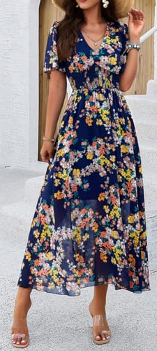 Image of Sister Amy Women's Boho Floral Print Square Neck Beach Party Flowy Ruffle Midi Dress
