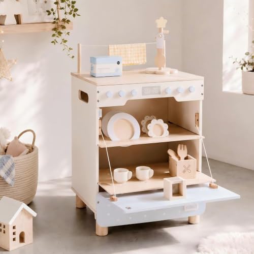 ROBUD Wooden Dish Washer Machine Play Kitchen Set Seasalt Blue Multi-Functionl Play Kitchen Dish Washer with Toy Accessories for Nursery Playroom Birthday Gift to Kids Age 3+ WCF71