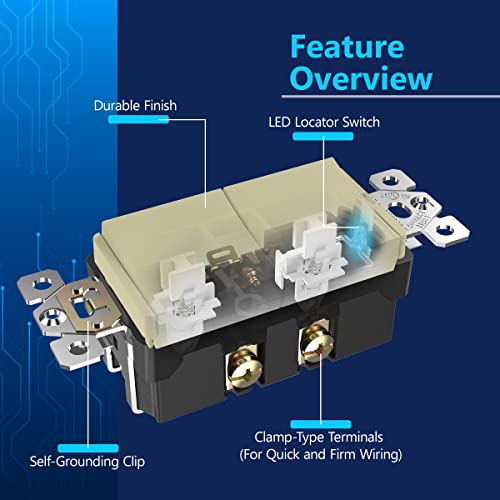 Image of LIDER Lighted Double Switch with Screwless Wall Plate, Combination Frameless Decorator Switch with Locator Light, Ground Terminal, Single Pole, 15A 120V, UL Listed, Thermoplastic, Matte Ivory