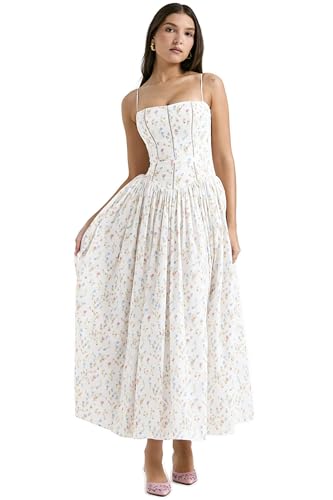 DABRORICESTAR Women’s Elegant Corset Maxi Dress Spaghetti Strap A Line Summer Wedding Guest Gown (US, Alpha, Small, Regular, Regular, White Ditsy Floral)