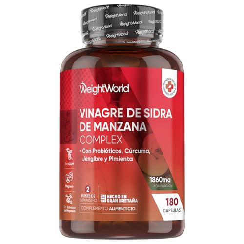 Vinagre de Sidra de Manzana con la Madre 1860 mg - 180 Cápsulas con Probióticos, Cúrcuma, Jengibre y Pimienta de Cayena - Suplemento para 2 Meses de Suministro - Sin Lactosa y Apto para Veganos