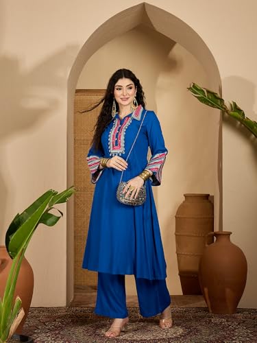 Image of Stylum Women's Solid & Embroidered Rayon A-Line Kurta Pant Set