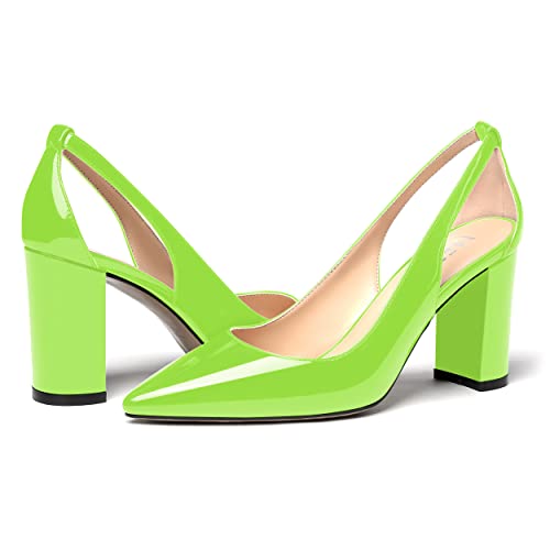 MERRORI Women's Pumps Chunky High Heel Pumps Pointed Toe Cut Out Heels Block Patent Slip On Shoes 3.3 Inch 6