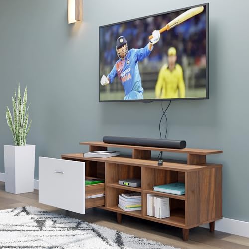 Image of VIKI Modern TV Unit for Living Room | Engineered Wood TV Cabinet with 1 Drawer Storage, 2 Open Shelves & Extension, Entertainment Unit, 140W x 48H x 40D cm | DIY | 1 Year Warranty (Walnut & White)