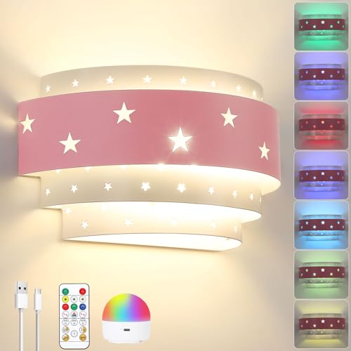 Image of Lightess Pink Wall Sconce Battery Operated for Girls Room, LED Dimmable Wall Light Star, Cordless Wall Lamp for Children Bedroom Decor