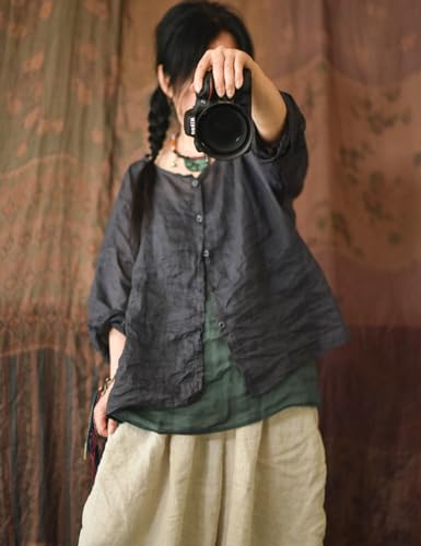 NFYM Womens Summer Lightweight Sheer Button Down Shirt Handmade Threading 3/4 Sleeve Ramie Linen Shirt Blouse4