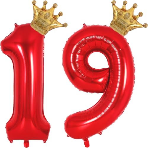 Red 19 Balloon Numbers 40 Inch Giant 19th Birthday Balloons, Helium Mylar Foil Number 19 Balloon for Red and Gold 19th Birthday Party Decorations Supplies for Girls Boys, Crown Balloons