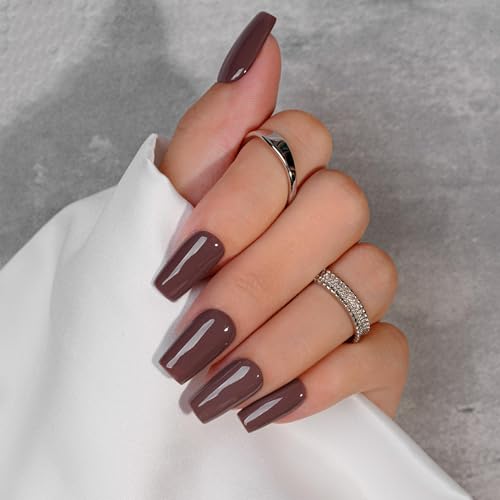 KQueenest Soft Gel Press on Nails Kurz Lang– Sheer Braun Nägel zum Aufkleben Lang Mittel, Einfarbig Eckig Fake Nails, Dunkel Kaffee Sarg Künstliche Nägel Set für Frauen, 24 Stück