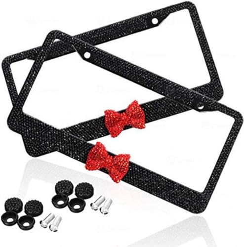 ZONETECH Shiny Bling Rhinestone License Plate Cover Frame (Red Bow Rhinestone Frame, 1 Pack)