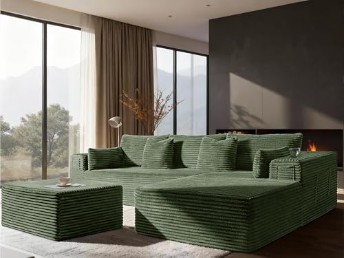 Image of Oversized 108 inch Cloud Sectional Couch, Comfort U Shaped Boneless Couch for Living Room, Extra Deep Seats No Assembly, Modular Sofa, Corduroy (Olive Green, 2 Seater+Right Facing Chaise+Ottoman)