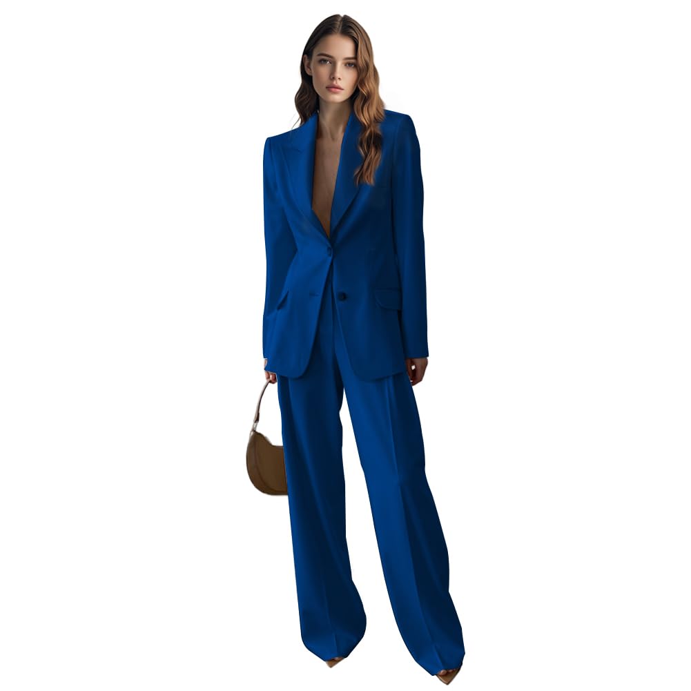 Womens 2 Piece Suit Peak Lapel Two Button Flap Pocket Ladies Trouser-Suit Office Business Casual Wear Blazer