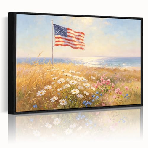 Image of American Flag Framed Canvas Wall Art, 4th of July Floral Canvas Prints, Wildflower Landscape Patriotic Decorations, Vintage Rustic Independence Day Wall Decor for Bedroom Living Room Office 11x14
