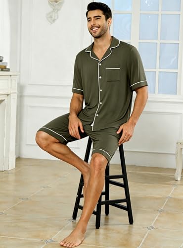 Image of Veseacky Men's Button Down Pajama Set Short Sleeve Shorts Modal Soft Sleepwear Loungewear Pjs with Pockets S-XXL