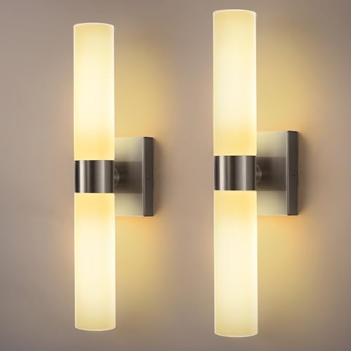 DORESshop Wall Sconce Set of 2, Modern Vanity Lights with Frosted Glass Shade, Sconces Wall Decor Set of 2 for Bathrooms Living Room Stairs Bedroom, Nickel, 17.7in