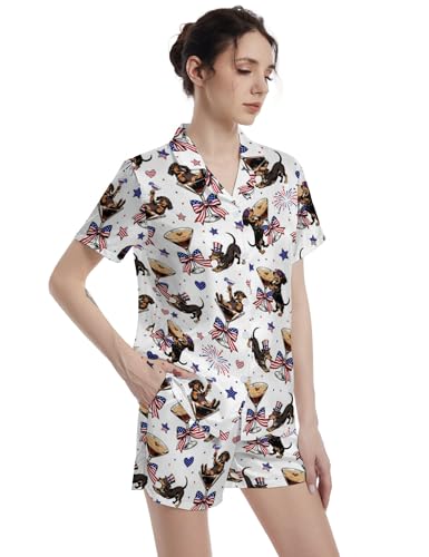 Image of Funny Satin Pajamas Set for Women Button Down Sleepwear Print Pjs Set 2 Piece Short Sleeve Loungewear Gift for Women