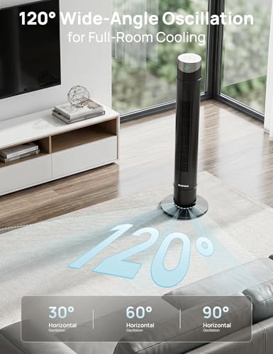 Image of ZAFRO Smart Tower Fan for Bedroom,120 Oscillating Fans that Blow Cold Air | 28ft /s High-Speed 12 Speeds 4 Modes Upgraded DC 22dB Ultra Quiet,App /Voice Control,Standing Fan with 12H Timer,42Inch,Black