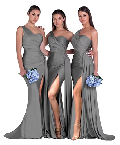 MiwiNovia One Shoulder Mermaid Bridesmaid Dresses for Women Satin Prom Dress with Slit Long Formal Dress MN507