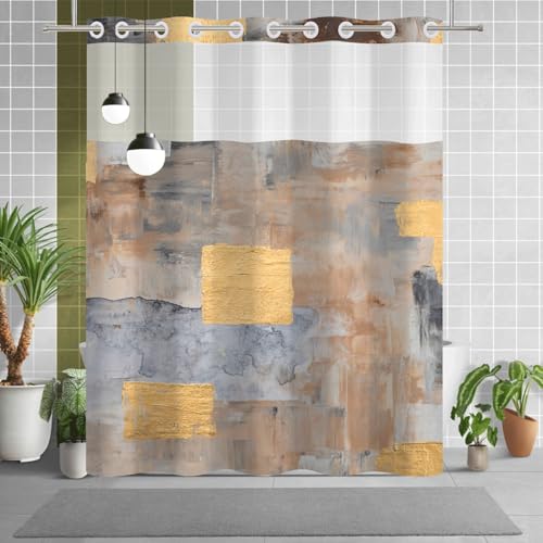 NAEMBCU No Hook Shower Curtain with Snap in Liner Set, Modern Abstract Gold Art Print - Mesh Top Waterproof Double Layer Bath Tub Curtain for Glam Neutral Hotel Spa Bathroom Decor, 71W x 74H by NAEMBCU - Used condition - Image 8