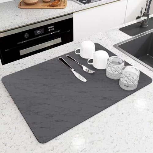 Dish Drying Mat 16"x20", Super Absorbent Kitchen & Coffee Bar Mat, Rubber Backed, Non-Slip Counter Pad for Coffee Machine & Sink (Dark Grey)