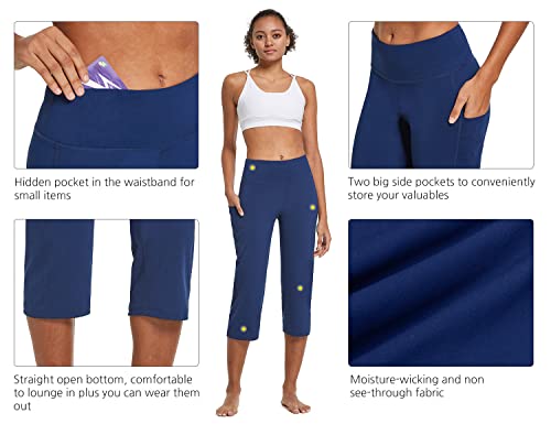 Baleaf Womens Yoga Pants Capris High Waist Leggings With Pockets Wide Leg Exercise Workout Crop Straight Open Bottom, Navy, X-Large #TOP4