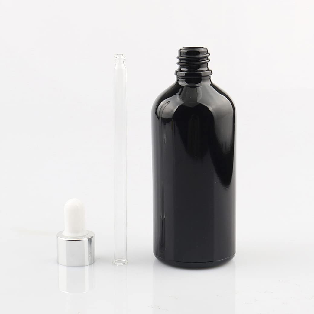 24 Piezas Negro Frasco Cuentagotas Cristal 100ml, Botellas Cuentagotas Vacío con Pipeta de Vidrio Plata/Blanco, para Fragancias de Arorapia de Aceites Esenciales, Masaje, Viaje