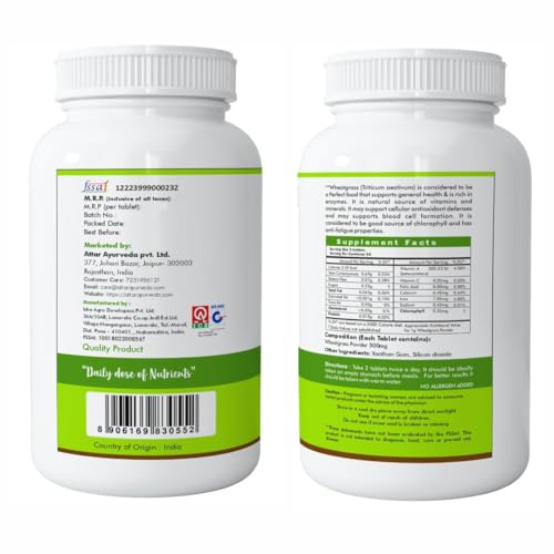 Image of Attar Ayurveda Wheat Grass Tablets (120 Tablets, 500mg) - Natural Antioxidant Superfood, Supports Healthy Joints, Immunity Booster, Non-GMO, Vegan