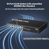 16 Port 2.5G Switch Unmanaged, Vimin 16-Port 2.5GB Base-T Ethernet Switch, 2,5 Gb Netzwerk Switch Plug & Play, kompatibel mit 10/100/1000/2500 Mbps, Metallgehäuse, lüfterlos – Ansicht 2