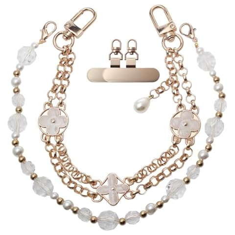 CMVFYL Pearl Beaded Phone Charm Wrist Strap,Cute Bracelet Wristlet Lanyard,Gold Double Chain for Phone Case,Purse Bag Wallet Cover