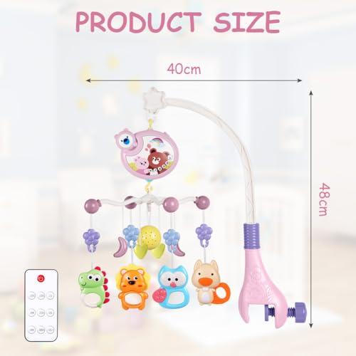Aolso Babybett-Spielzeug, Mobile für Babybett, Baby Einschlafhilfe Musikspielzeug mit süßen Tieren, Babybett-Mobile mit Musik und Lichtern, Projektor und Fernbedienung (Rosa)