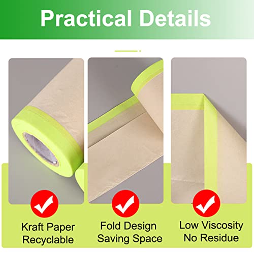 Wonninek Kraftpapier Abdeckfolie, 4 Rollen Malerfolie 15cm*15M Mit 2 Rollen Klebeband (1.5cm*15M), Bodenschutzpapier Farbe Für Karosserielack Vorgeklebtes Abdeckpapier Farbabdeckpapier