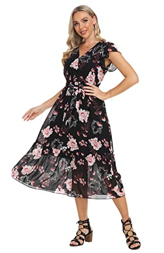 Image of VintageClothing Womens Sundress Casual Floral Summer Boho Dress | Flowy Wrap V Neck Ruffle A-Line Pleated Hem Midi Dresses