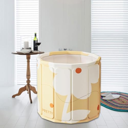 Image of Lexara Portable Folding Bathtub for Bathroom - Large Freestanding Soaking Tub with Thick Insulated, Ice & Hot Spa Tub, Collapsible Cold Plunge Therapy, Muscle Recovery Tub (Yellow Flower Bucket)