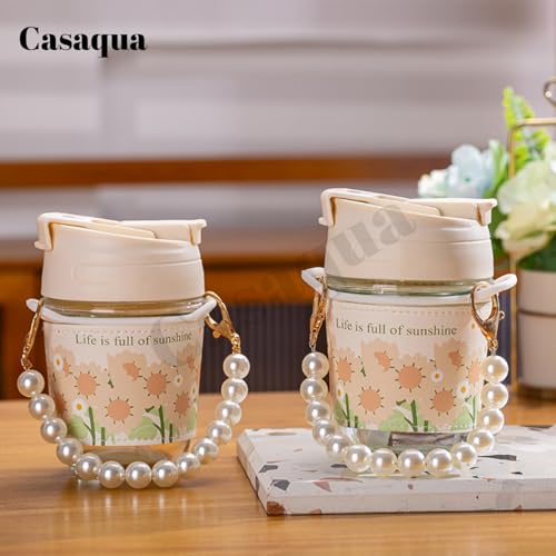 Image of Glass Coffee Tumbler with Lid and Straw - Pack of 1, 350ML, Milk Mug with Pearl Chain Belt & Leather Grip Reusable Travel Sipper Cute Mugs for Girls for Juice Smoothies iced Tea Cups