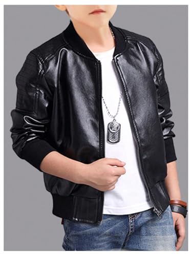 Boy's Fax PU Leather Bomber Jacket Zip Up Long Sleeve Biker Outerwear Motorcycle Coat Streetwear3