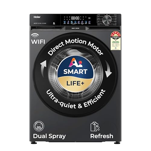 Image of Haier 12 Kg, 5 Star, AI Smart LIFE+, Hygienic Care, ABT, 525 mm Super Drum, Refresh, Direct Motion Motor, WiFi enabled, Fully Automatic Front Load Washer (EFL120-DM14F5ES8U1 | Dark Jade Silver)