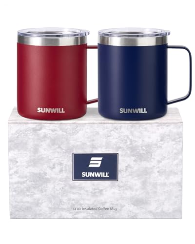 SUNWILL 14 oz Insulated Travel Coffee Mug Set (2) Navy & Red