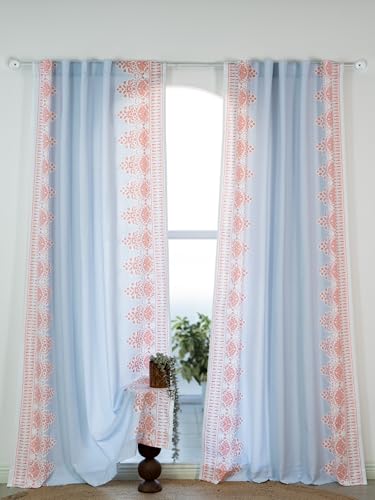 Image of Tranquebar Curtain Co. Window Curtains 5 Feet, 60-65% Room Darkening, Blue-Coral Floral Print, Cotton Curtains for Window, Cotton Curtains 5 Feet Long Set of 2, BackTab Loops, Zia (152 cm) - Set of 2