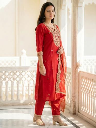 Image of INDO ERA Women's Embroidered Viscose Rayon Straight Kurta Pant with Dupatta Set