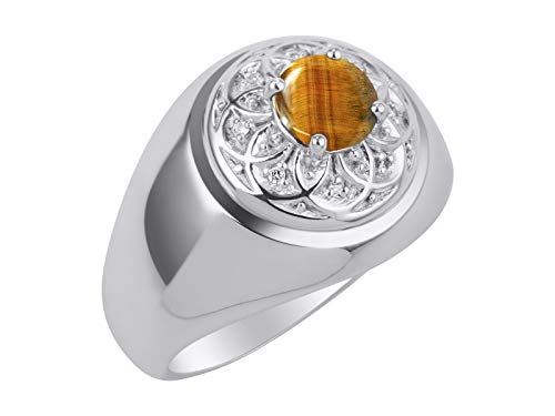 Image of Rylos Men's Designer Gypsy Ring with 7MM Round Gemstone & Diamond - Birthstone Rings in Sizes 8-13 in Sterling Silver