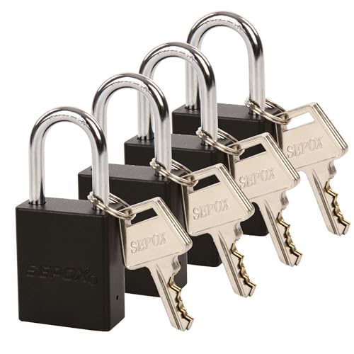 SEPOX® 4 Pcs Ultra-Durable Anti-Rust Outdoor Padlocks - Black Aluminum, 38mm (1-1-2) with Long Shackle & 6 Same Keys, Ideal for Gate, Storage, Locker, Fence & Lock-Out, High Security