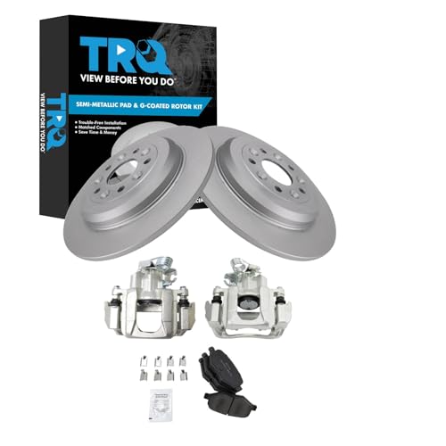 Image of TRQ Rear Brake Pad and Rotor Set Semi Metallic Coated Rotors Calipers Compatible with 2009 Ford Flex 2010-2012 Taurus 2009-2012 Lincoln MKS