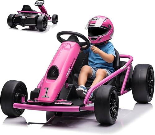 GarveeMore Coche Eléctrico para Niños Tipo Kart De Deriva, Plástico y Metal, 24V, Batería 2 * 12V 9AH, Norma Europea, Color Rosa, 110×77×54 cm