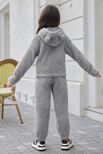Image of Arshiner Girls 2 Piece Outfits Sweatsuit Fuzzy Long Sleeve Bear Ear Hoodie Sweatshirt and Sweatpant Kids Clothing Sets