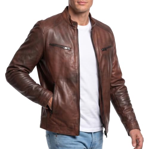 Image of Men Cafe Racer Motorcycle Style Solid Leather Jacket Slim Fit Motorcycle Brown Cafe Racer Leather Jacket