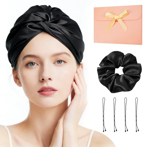 Seidenhaube Verstellbar Haarhaube Seide, Satin Seide Haube mit Haargummis und Haarspangen für Schlafende Frauen, Atmungsaktive Schlafkappe Duschhauben für Erhält Lockenform, verhindert Frizz Haarbruch