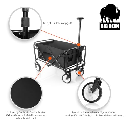 BigDean Bollerwagen faltbar schwarz belastbar bis 80kg – kompakter Bollerwagen platzsparend zusammenklappbar für Ausflüge, Camping & Einkäufe – Bild 6